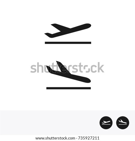 Arrivals and departure plane icons. Simple black take off and landing airplane signs.