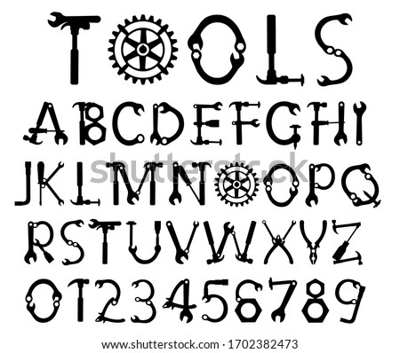 Hand Tool font vector. Mr.Fix font alphabet letters and numbers. 