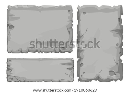 Set of Stone tablet, rock banner with cracked elements in cartoon style isolated on white background. Grey frame, block boulder for interface ui games.