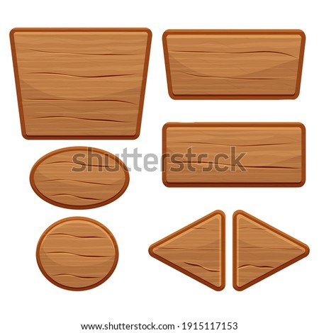 Wood button set in cartoon style with cracked details isolated on white background. Game assets, ui interface, menu. Collection of different shapes for application.
