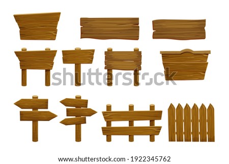 Set wooden elements fence, plywood planks, banner, empty signboard textured in cartoon style isolated on white background. Template assets ui game. Collection frames, button. 