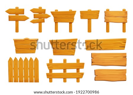 Set wooden elements fence, plywood planks, banner, empty signboard textured in cartoon style isolated on white background. Template assets ui game. Collection frames, button. 