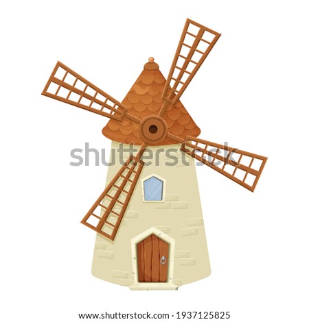 Windmill fairy, cartoon isolated on white background. Retro, rural building, tower with wooden propeller. Clipart, design element, ui gy asset.