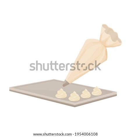 Pastry Bag icing with cream baking process in cartoon flat style isolated on white background. Kitchen equipment, utensil. For cake decoration, cream preparation.