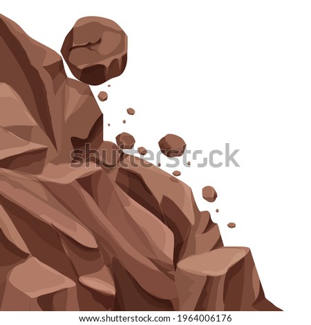 Mountain landslide with falling rocks, stones in cartoon flat style isolated on white background. Natural disaster, danger. Stock vector illustration.