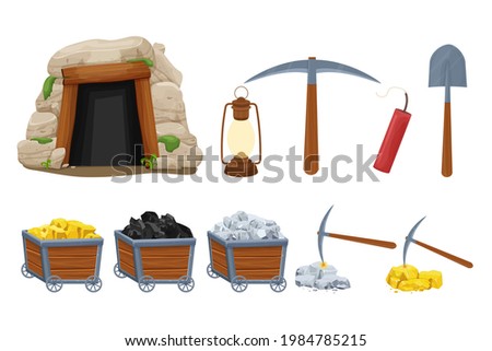 Set mine tools, equipment in cartoon style isolated on white background. Wooden cart with gold, silver, coal ore, tunnel entrance, retro lamp, pickaxe and shovel. Ui assets