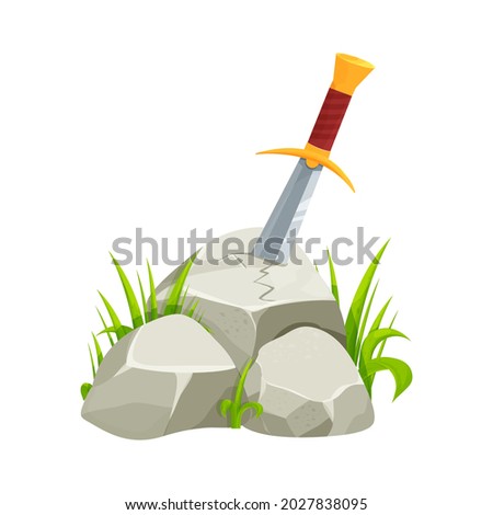 Sword in stone, medieval myth in cartoon style isolated on white background. Magical excalibur with gold details. Antique bravery tale.