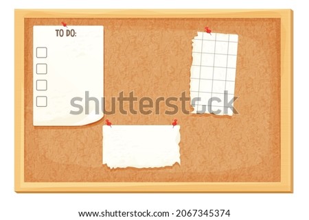  Bulletin Board, cork desk in wooden frame in cartoon style isolated on white background. Grain texture, wall schedule. . Vector illustration
