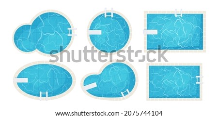 Set swimming pools of different shapes top view in cartoon style isolated on white background. Water texture, vacation 