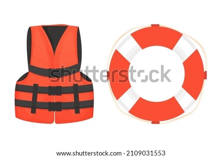 Life jacket and life buoy with rope and belt equipment for safety in cartoon style isolated on white background. 