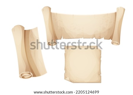 Set ancient old parchment paper, scroll, page empty medieval letter in cartoon style isolated on white background. Game asset, grunge frame, manuscript.