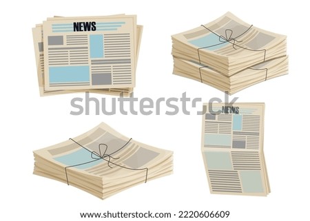 Set Newspaper pile, stack of magazine with rope in cartoon style isolated on white background. 