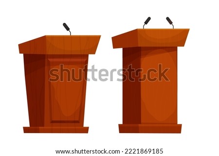 Set Wooden speech tribune, orator podium with microphone in cartoon style isolated on white background.