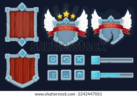 Set stone and wooden shield, frame with gemstones, award ribbon, wings game victory board menu and setting icons in cartoon style isolated on background. Magic royal asset, template.