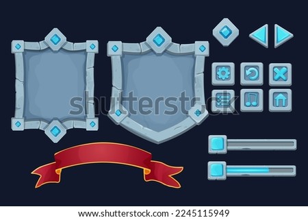 Set stone shield, frame with gemstones, award ribbon game victory board menu and setting icons in cartoon style isolated on background. Magic royal asset, template.