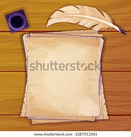 wooden desk, table with parchment paper notes, inkwell and feather pen top view in cartoon style. Antique document, empty pages.