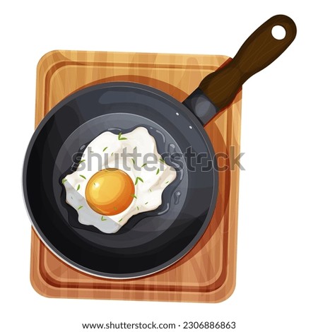 Fried egg sausages and tomatoes on skillet top view in cartoon style isolated on white background. Breakfast meal