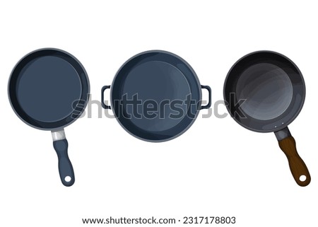 Set Frying pan top view kitchen cookware equipment in cartoon style isolated on white background. Frypan teflon round shape. Vector illustration