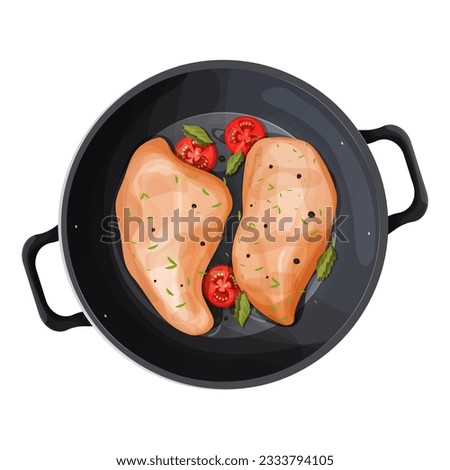 Chicken breast file fryed on skillet pan with sause, marinated with spices, seasoning top view in cartoon style isolated on white.