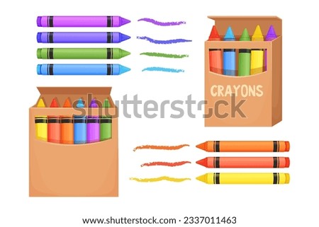 Set Wax crayons in carton box and with brush stroke in cartoon style isolated on white background. Preschool palette, pencils for education.