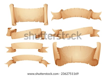 Set Parchment paper scroll ribbon, old vintage banner game ui element in cartoon style isolated on white background.