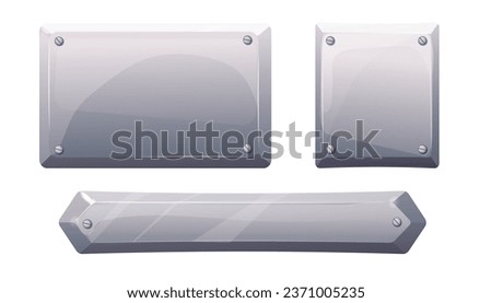Set metal plate, steel frame, iron panel game menu in cartoon style silver color isolated ob white background. Board template.