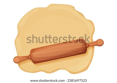 Wooden rolling pin with dough and flour handle culinary equipment in cartoon style isolated on white background. Wood textured roller, utensil, baker recipe.