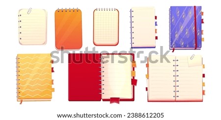 Set diary, note book in cartoon style top view, open, closed isolated on white background. Book with bookmarks and spiral, daily planner.