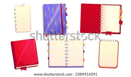 Set diary, note book in cartoon style top view, open, closed isolated on white background. Book with bookmarks and spiral, daily planner.