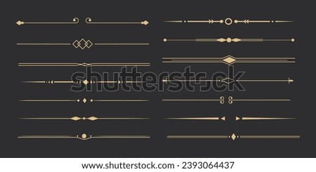 Text devider set, gold line minimal separators, elegant doodlle borders, decorative elements isolated on dark background.