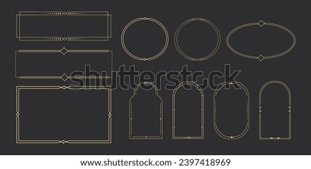 Set Golden celestial frames, borders, oval, circle and arch line art esoteric minimal decoration with sparkles isolated on dark background.