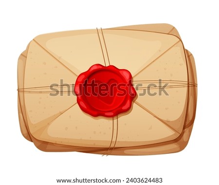 Romantic Envelope, love letter with wax seal heart shape rope in cartoon style isolated on white background. 