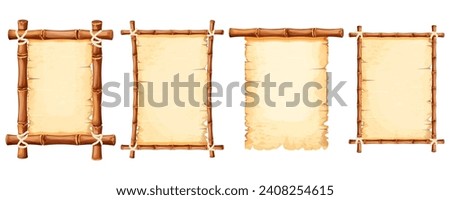 Set Bamboo frames with old parchment paper decorated with rope in cartoon style isolated on white background. Game ui board, sign