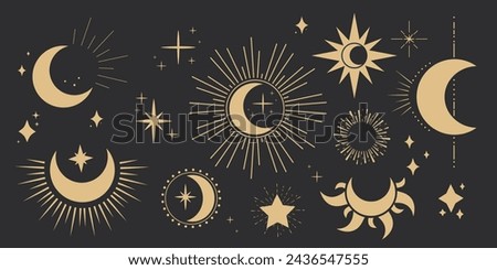 Set gold mystic moon celestial astrology magic element with rays, stars, burst minimal line tattoo, border or decoration isolated on dark background. Space symbols, emblem.