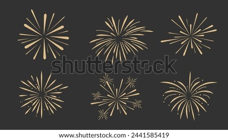 Set gold fireworks, firecrackers golden burst, rays festive doodle sparkle lights isolated on dark background.Celebration, Party Icon, Anniversary, New Year Eve, independence