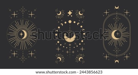 Set gold moon celestial tattoo or tarot astrology magic element with rays, stars, burst minimal line border or decoration isolated on dark background. Space symbols, emblem.