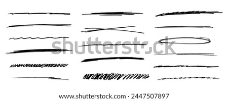  strikethrough underlines, set brush stroke, marker lines grunge curve, wvy free hand marks textured simple borders isolated on white background. Creative collection scribble brush or crayon checks