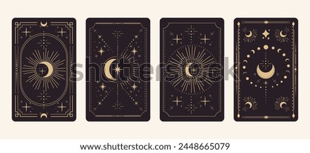 Set tarot reverce border card frame gold line border celelstial mystery esoteric decoration with stars and moon. Magic sacred cover