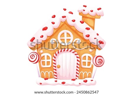 Gingerbread house with wonder door and windows cute ornament and sweets in cartoon style isolated on white background. 