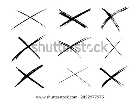 Cross sketch grunge scribble set X shape sign, mark on white background. Strikethrough textured brush charcoal or marker hand drawn lines.