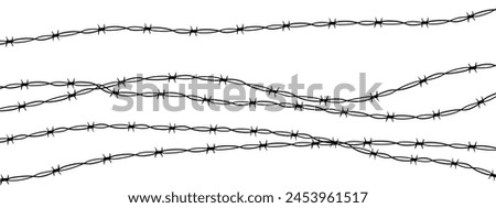 Barbed wire twisted barrier gothic steel boundary, silhouette guard fence, protection isolated on white background. Design element for military, secure object, prison. 