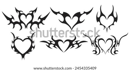 Neo tribal heart y2k aesthetic tattoo gothic cover, fire or wings abstract silhouette isolated on background. Divider, border, cyber body ornament, neotribal web goth decoration