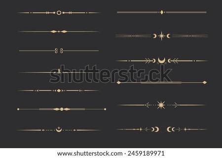 Golden divider celestial border with stars moon and sun thin line elegant simple decoration, mystic tarot separator, minimalist magic gold design element on dark background