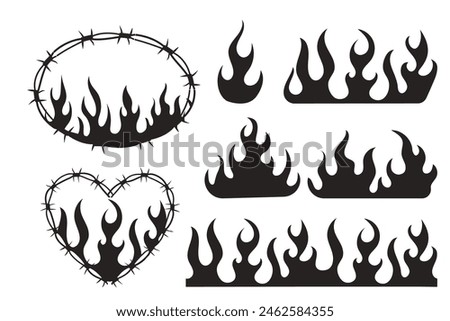 Set Wire Barb heart, oval frame y2k tattoo border, flame silhouette gothic spiky punk print neo tribal isolated on white background. Barbwire emo boundary heart shape.