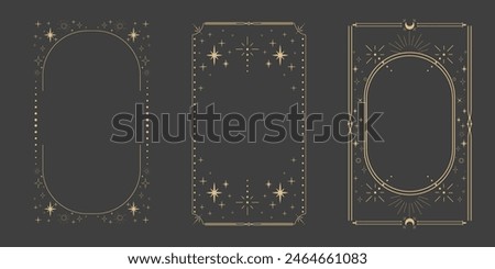 Golden celestial minimal esoteric frame, thin line border, mystyc linear decoration with dots, moon, stars corners isolated on dark background. Geometric shape, tarrot 