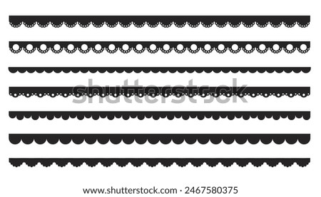 Scalloped edge border frilly stroke divider black silhouette stripe, tape collection isolated on white background. Traditional simple ornament with circles, embroidery ribbon.