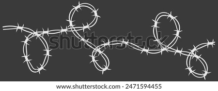 Barbed wire twisted barrier gothic steel boundary, silhouette guard fence, protection isolated on white background. Design element for military, secure object, prison. 