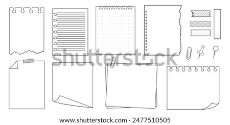 Memo sticky note reminder sheet paper. Doodle paper frame, check list with pin, tape, paperclip elements. Set cute notes, office or school messages.