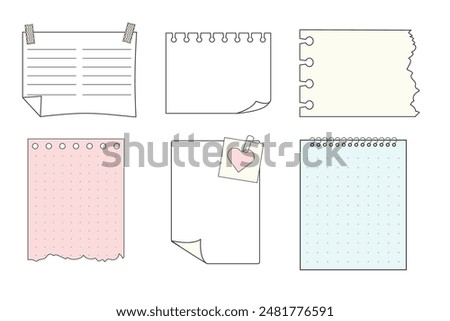 Memo sticky notes, sheet reminder, color office or school pages with tape, marks, pin, paperclip frames doodle style. Notebook bullet dairy list, funny retro drawing.