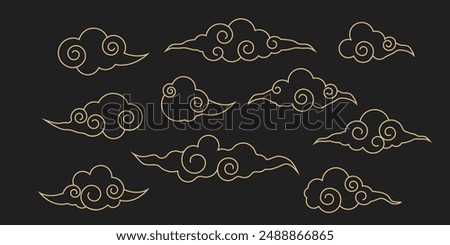 Japanese cloud set, asian traditional wavy curly ornament. China ornament, eastern decoration doodle, line. Clouds flow with the wind in the sky .